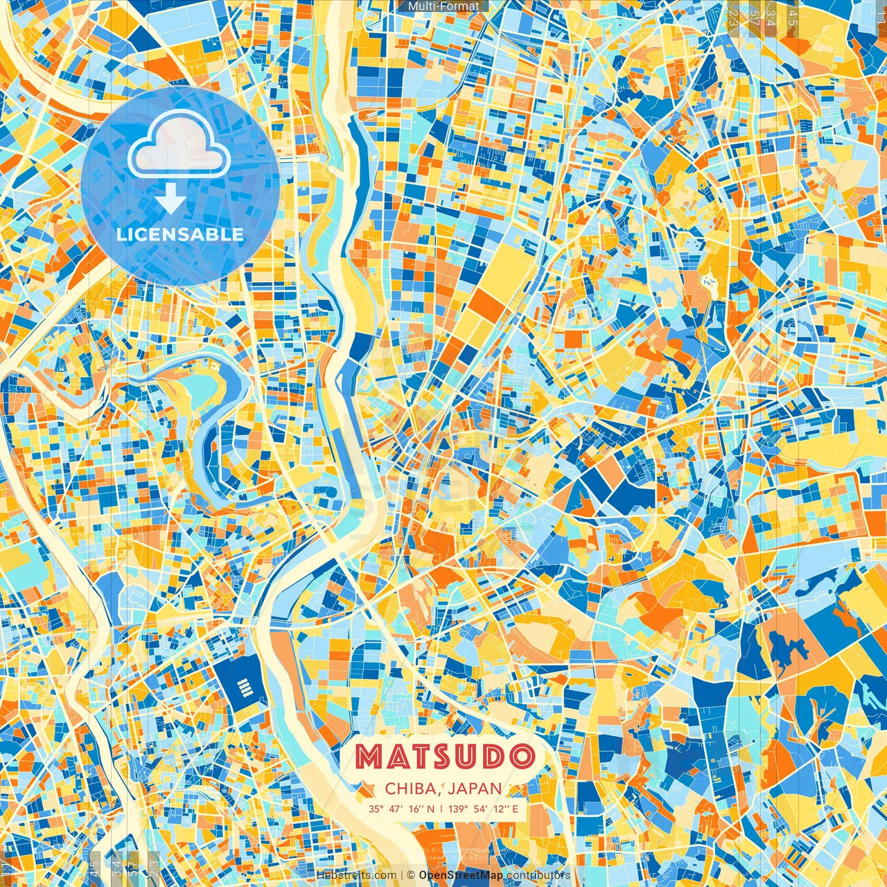 Matsudo, Chiba, Japan blue and orange vector art map template