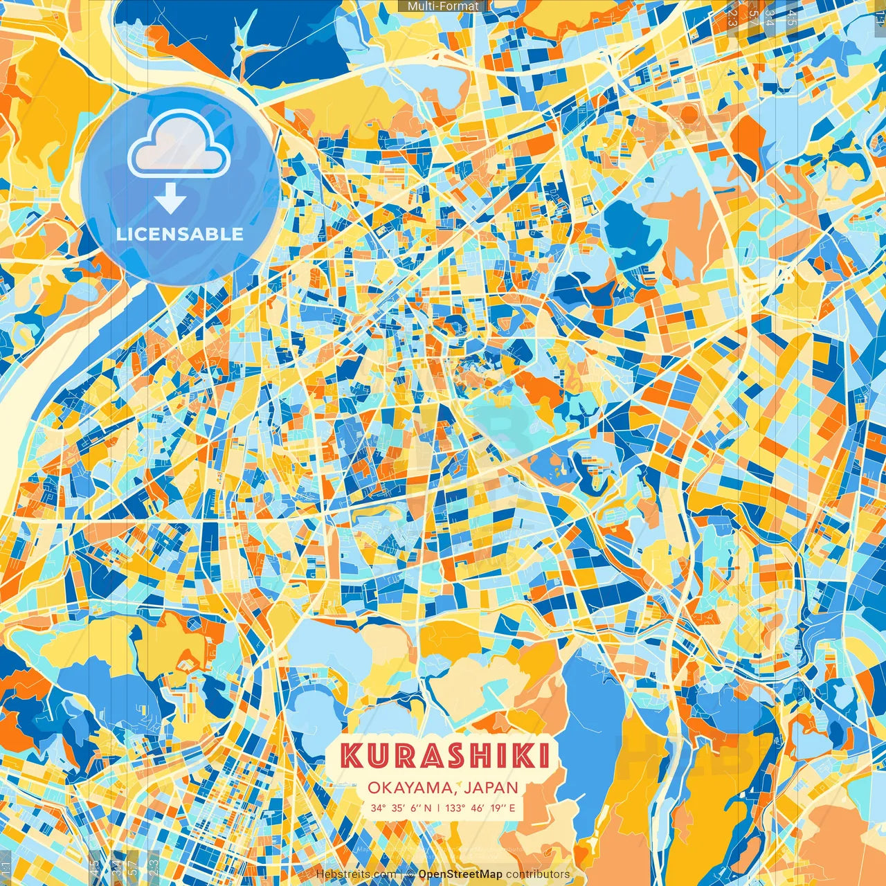 Kurashiki, Okayama, Japan blue and orange vector art map template