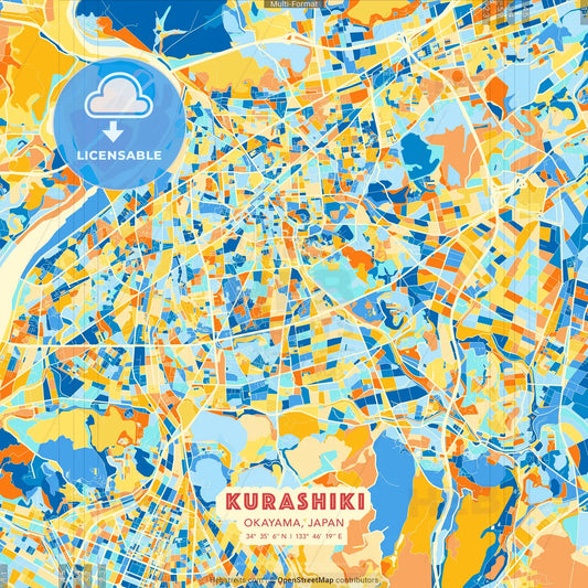Kurashiki, Okayama, Japan blue and orange vector art map template
