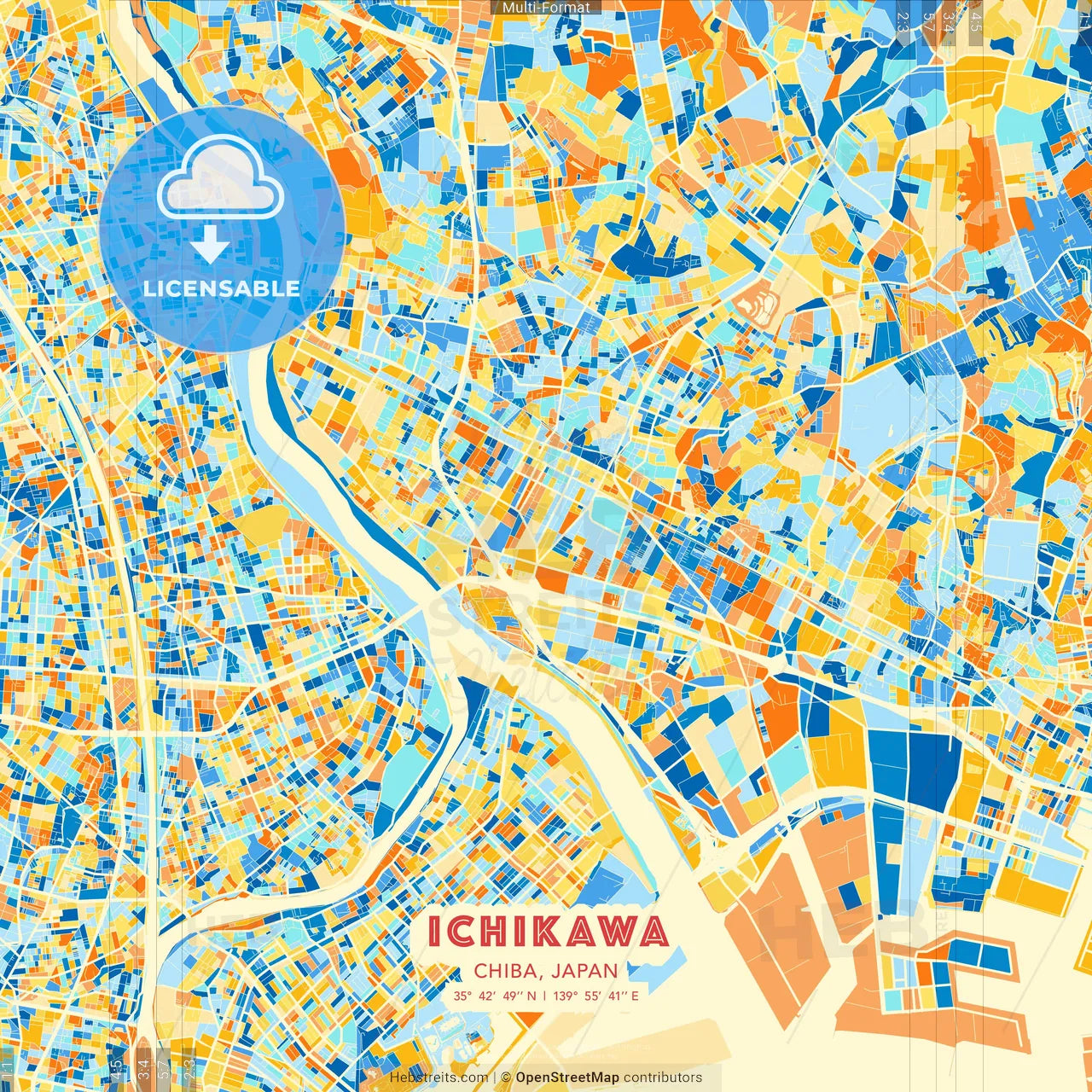 Ichikawa, Chiba, Japan blue and orange vector art map template