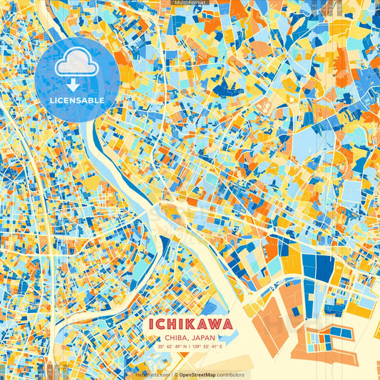 Ichikawa, Chiba, Japan blue and orange vector art map template