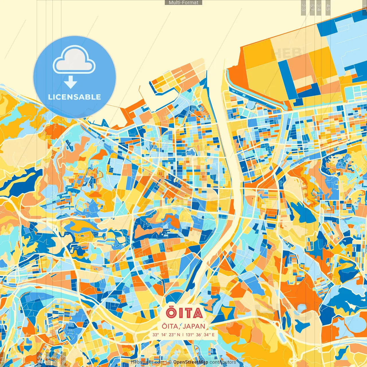 Ōita, Ōita, Japan blue and orange vector art map template