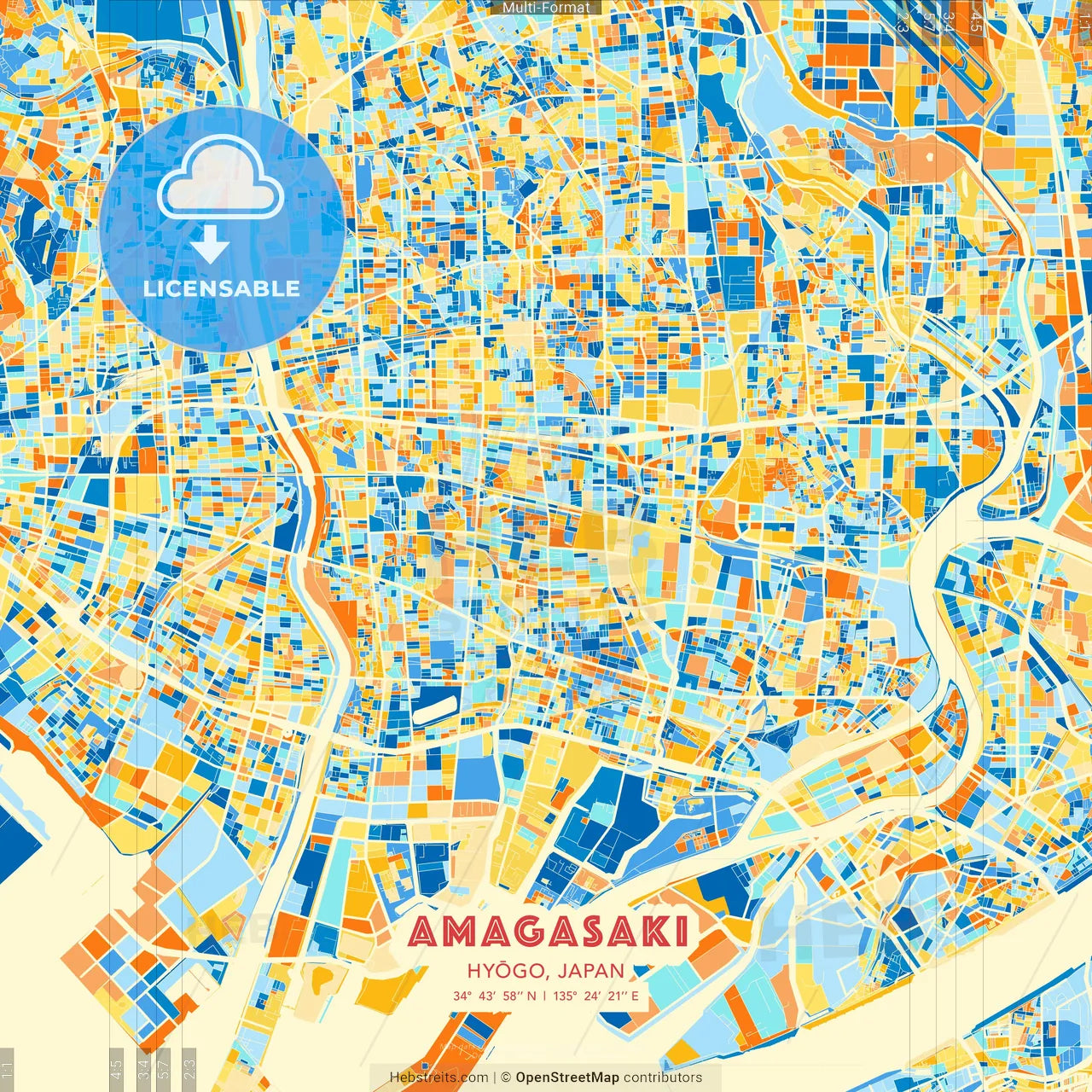 Amagasaki, Hyōgo, Japan blue and orange vector art map template