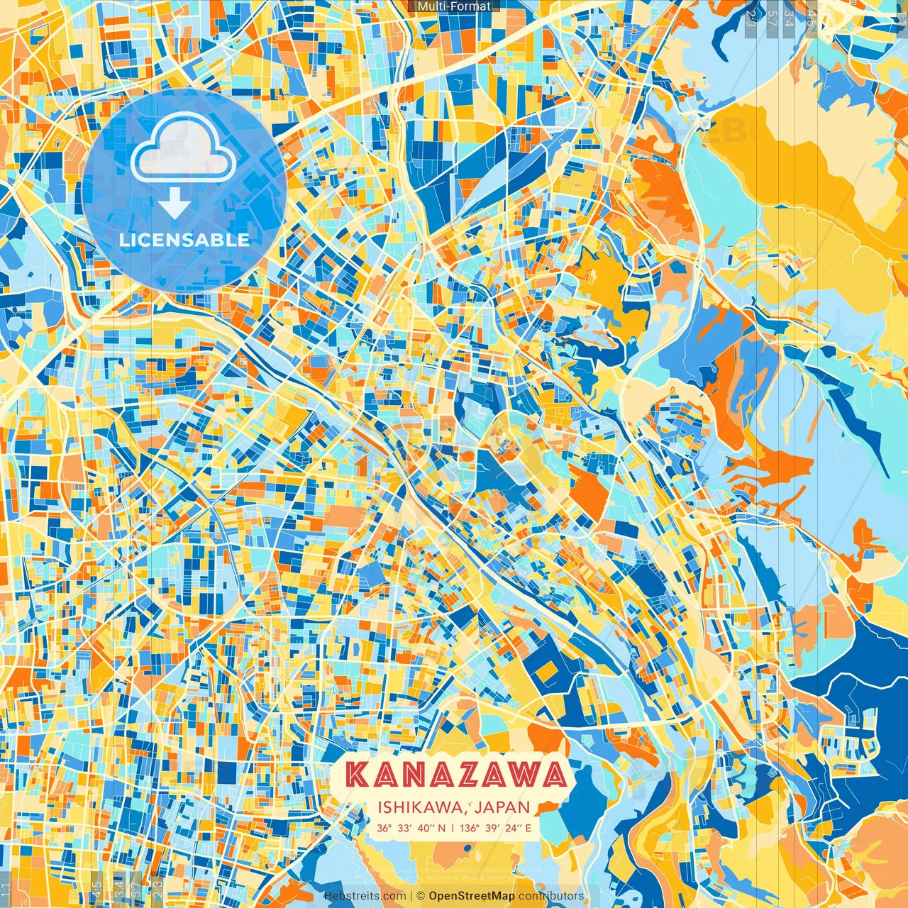 Kanazawa, Ishikawa, Japan blue and orange vector art map template