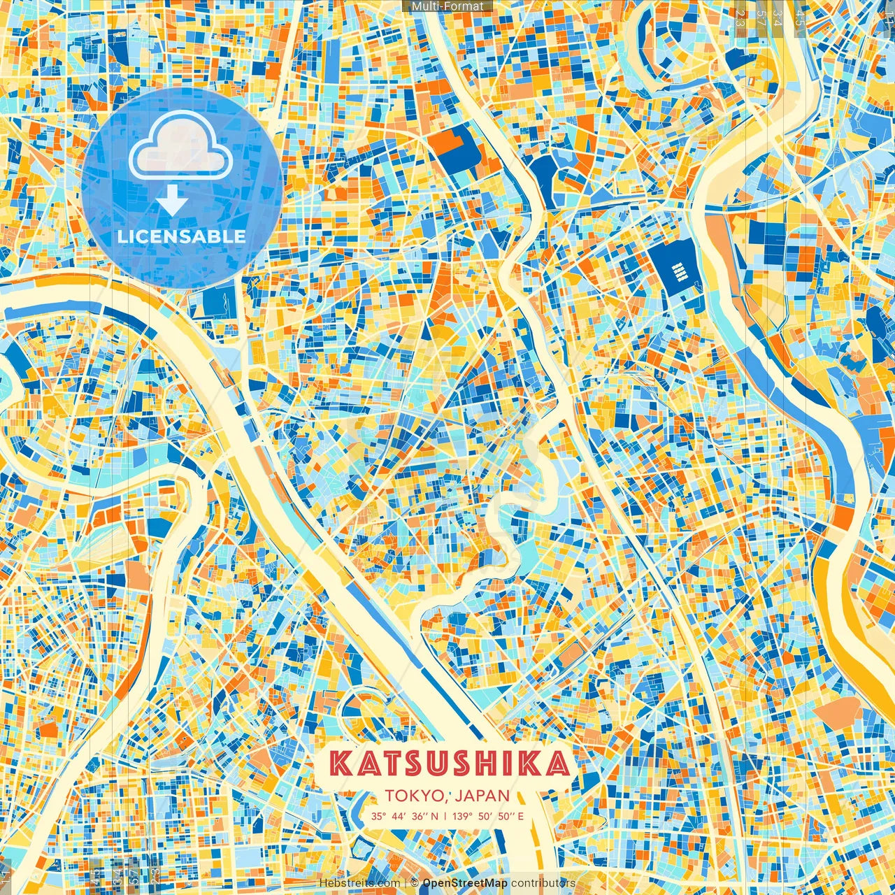 Katsushika, Tokyo, Japan blue and orange vector art map template