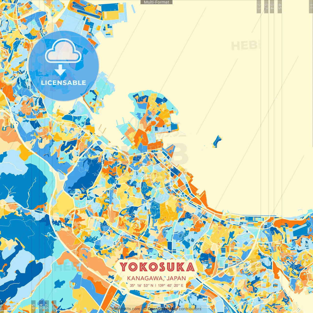 Yokosuka, Kanagawa, Japan blue and orange vector art map template