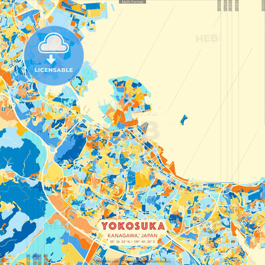 Yokosuka, Kanagawa, Japan blue and orange vector art map template