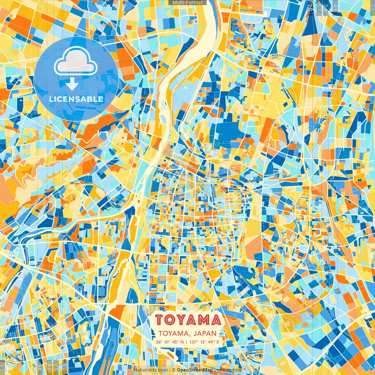Toyama, Toyama, Japan blue and orange vector art map template