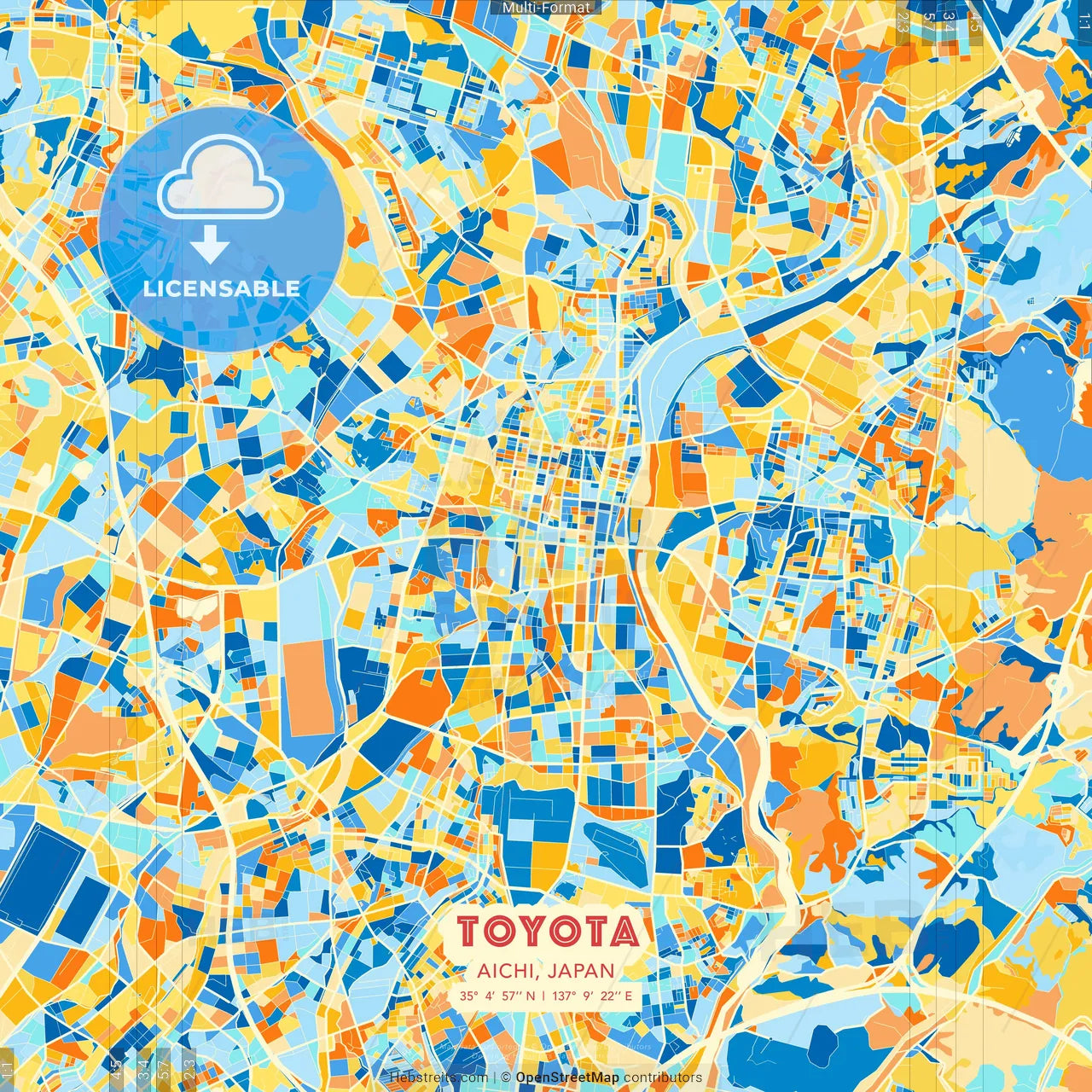 Toyota, Aichi, Japan blue and orange vector art map template