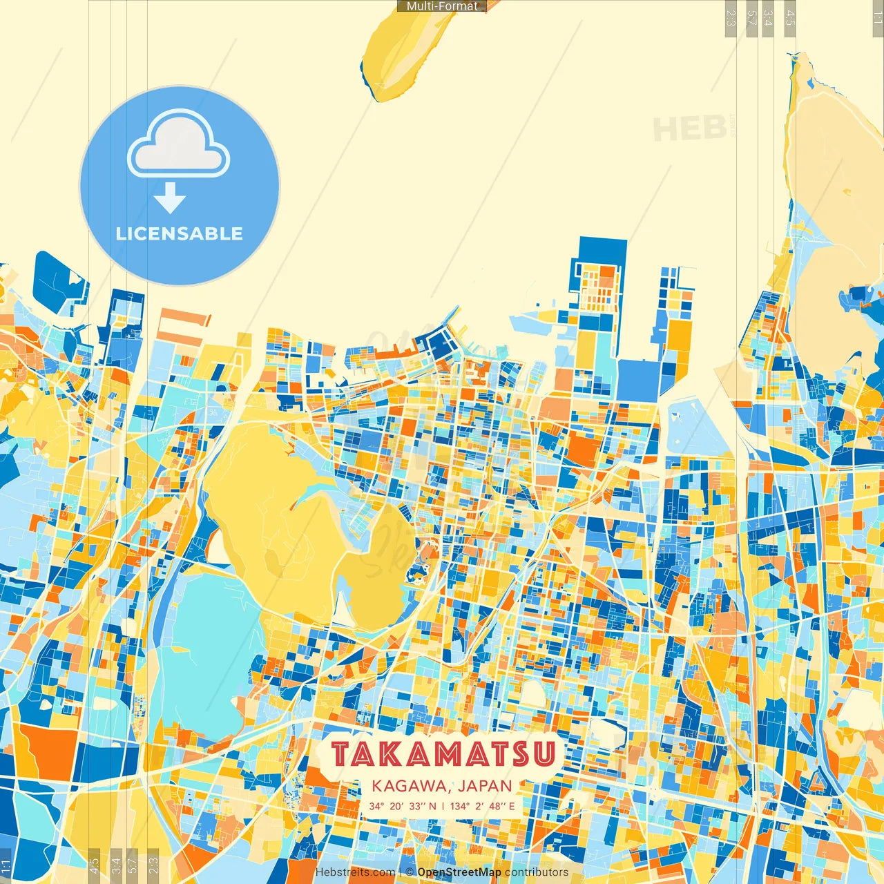 Takamatsu, Kagawa, Japan blue and orange vector art map template