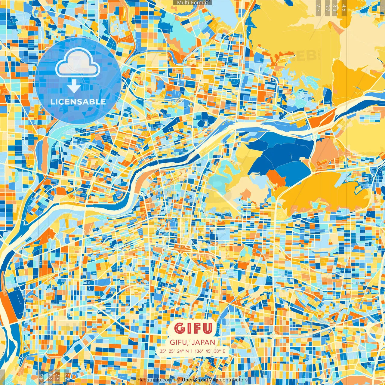 Gifu, Gifu, Japan blue and orange vector art map template