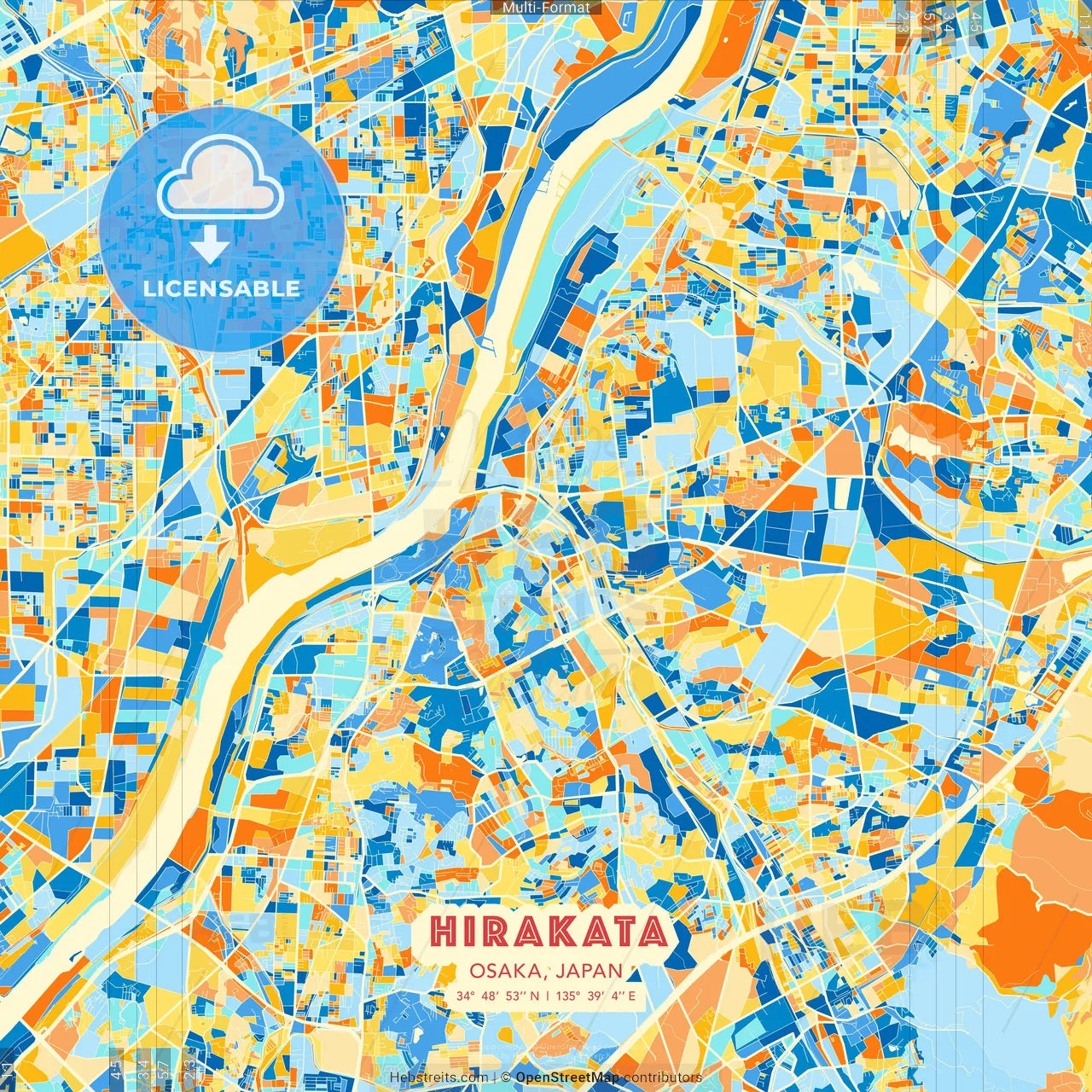 Hirakata, Osaka, Japan blue and orange vector art map template