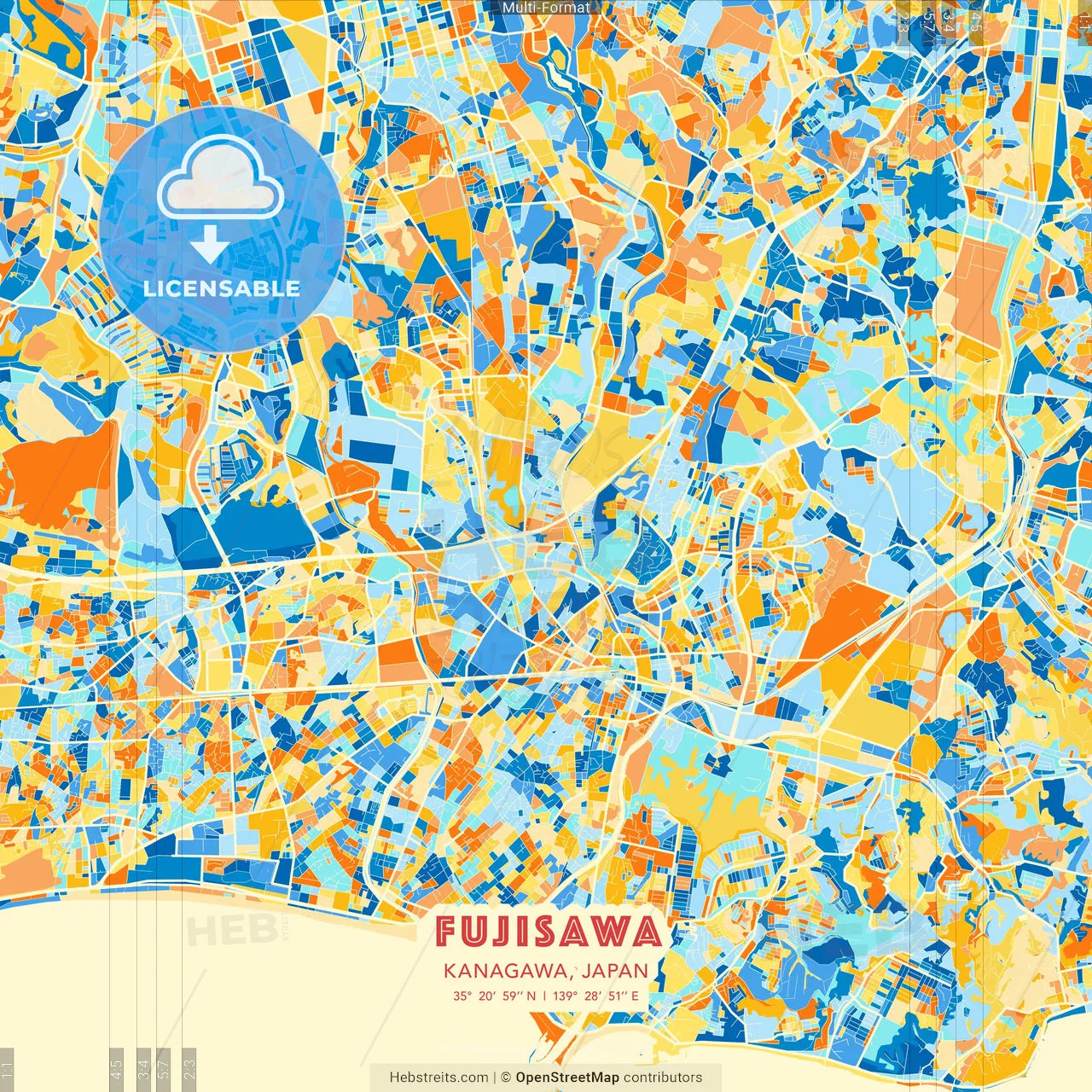 Fujisawa, Kanagawa, Japan blue and orange vector art map template