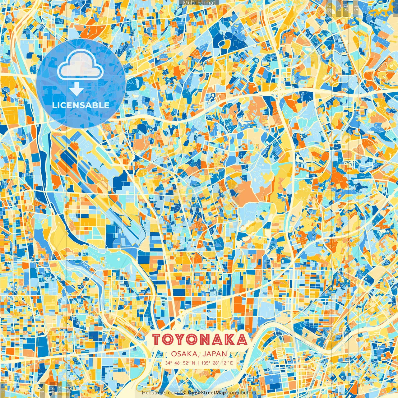 Toyonaka, Osaka, Japan blue and orange vector art map template