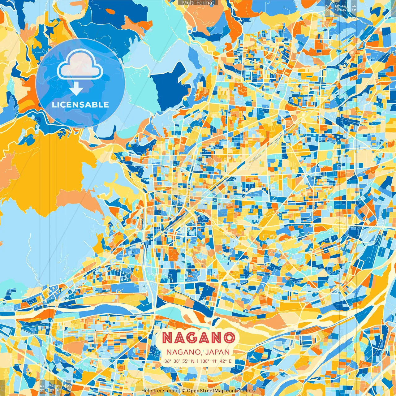 Nagano, Nagano, Japan blue and orange vector art map template