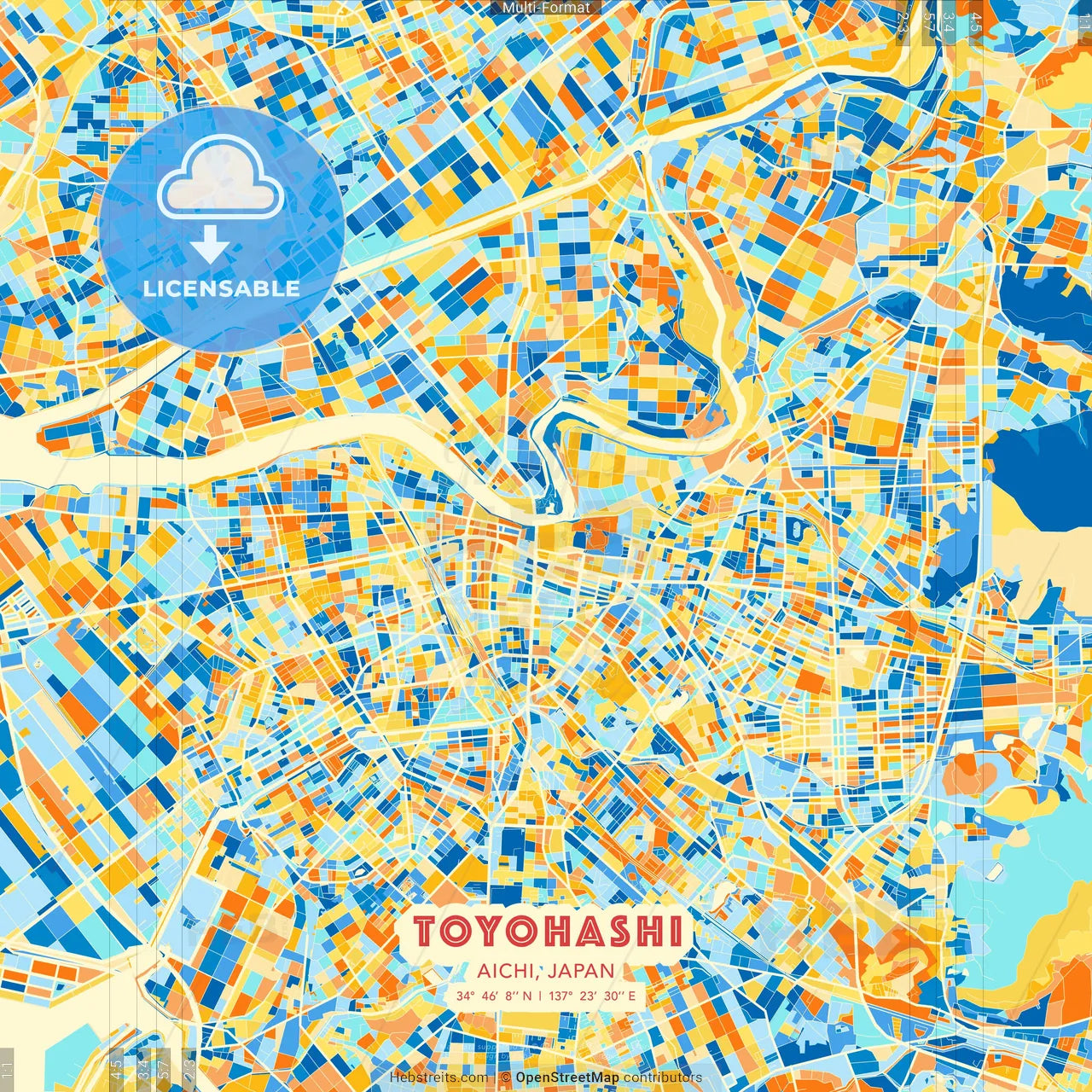 Toyohashi, Aichi, Japan blue and orange vector art map template