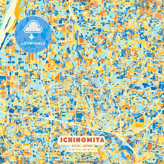 Ichinomiya, Aichi, Japan blue and orange vector art map template