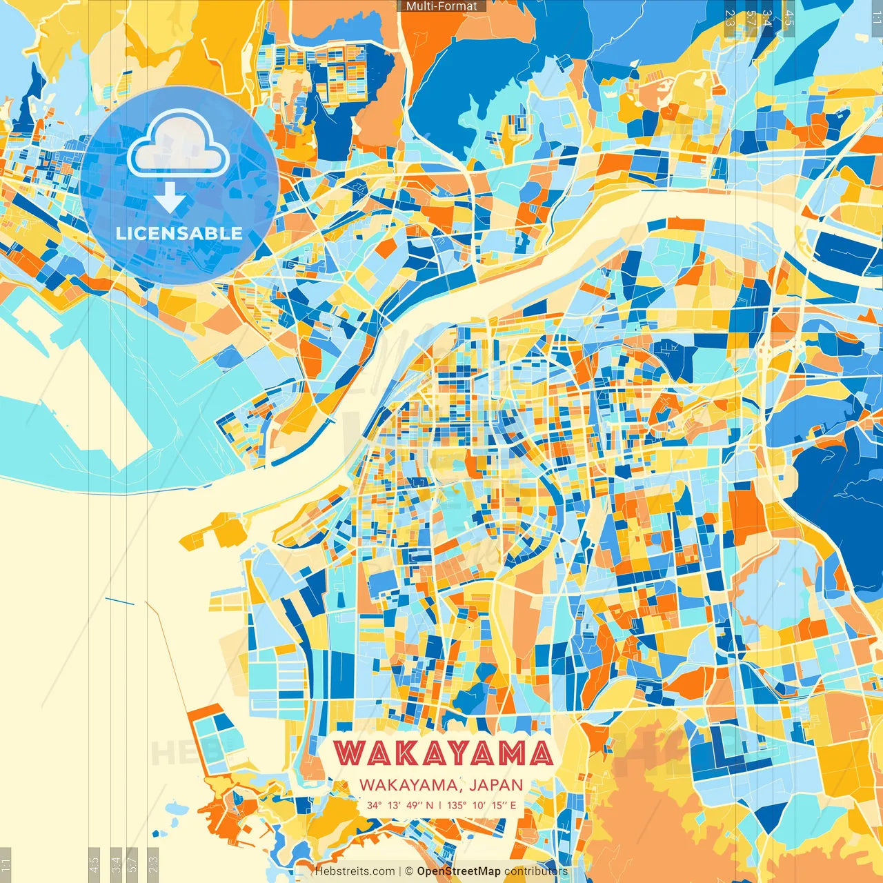 Wakayama, Wakayama, Japan blue and orange vector art map template