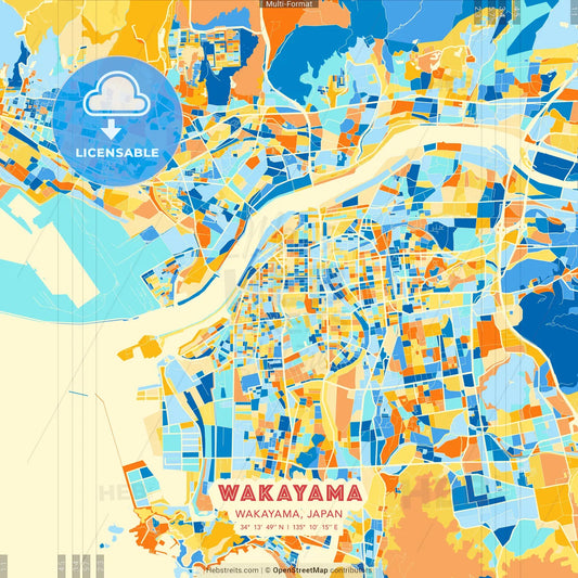 Wakayama, Wakayama, Japan blue and orange vector art map template