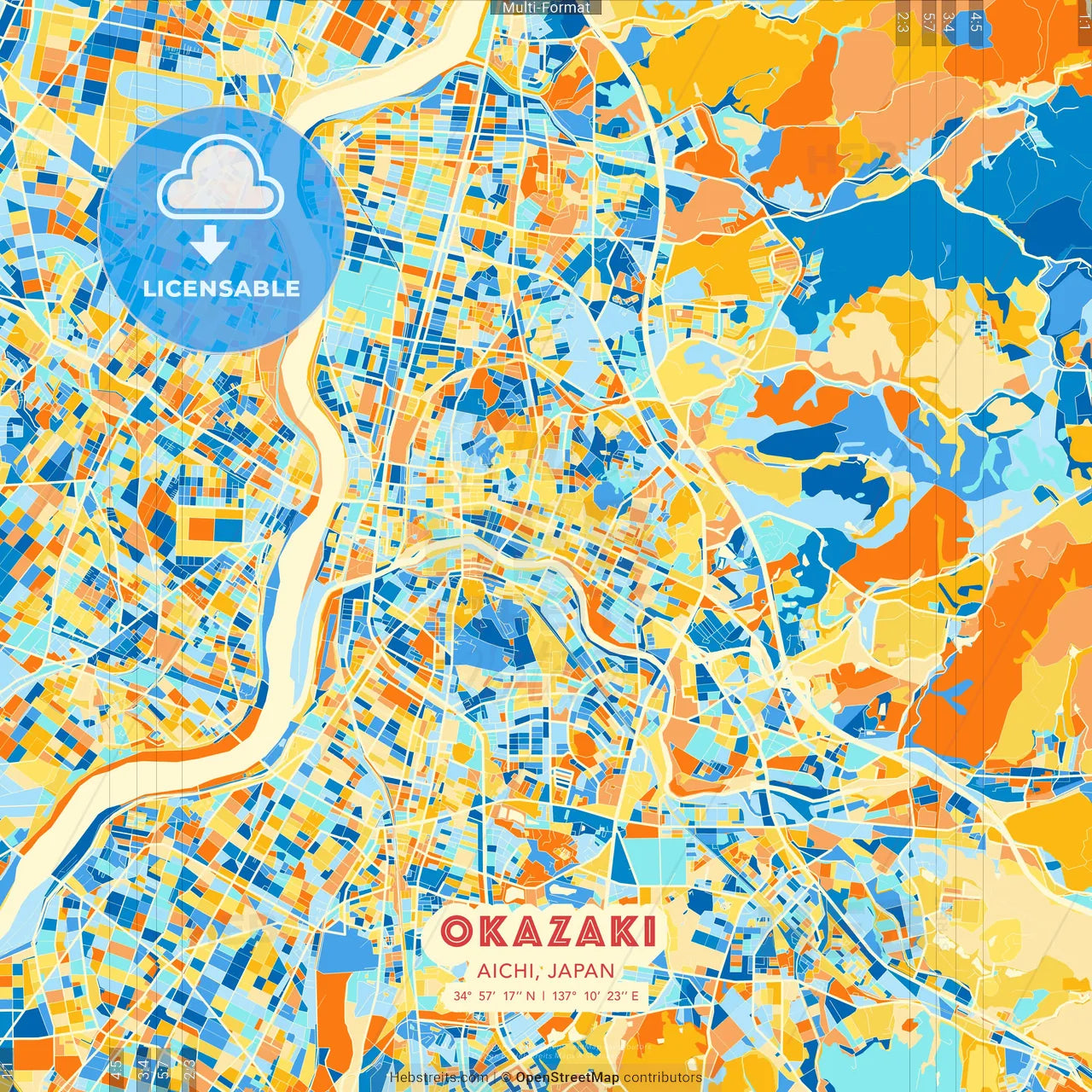 Okazaki, Aichi, Japan blue and orange vector art map template