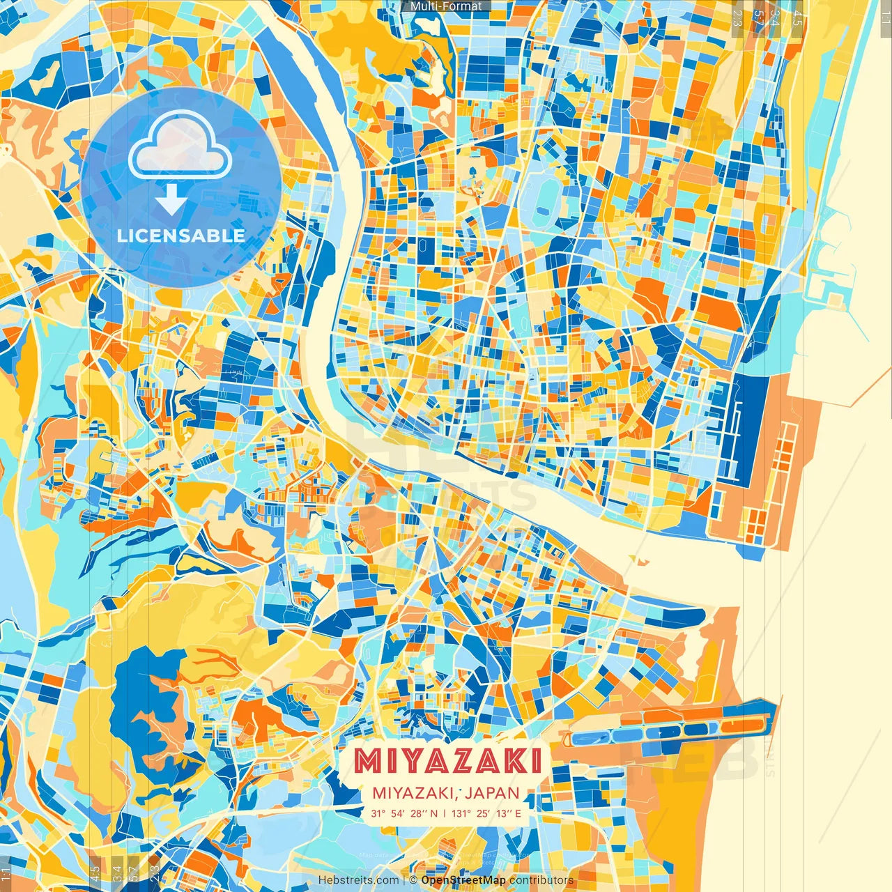 Miyazaki, Miyazaki, Japan blue and orange vector art map template