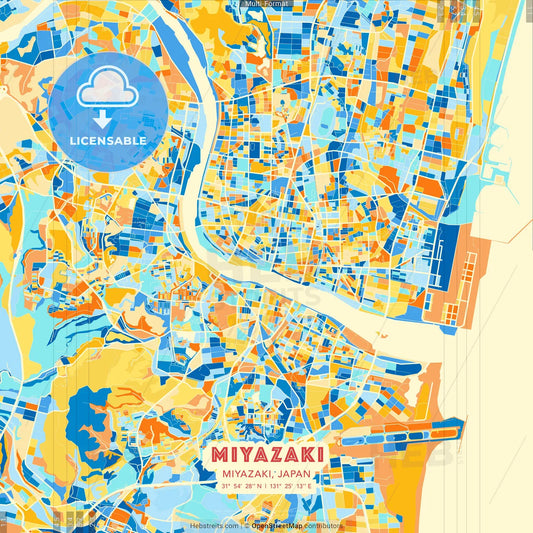 Miyazaki, Miyazaki, Japan blue and orange vector art map template