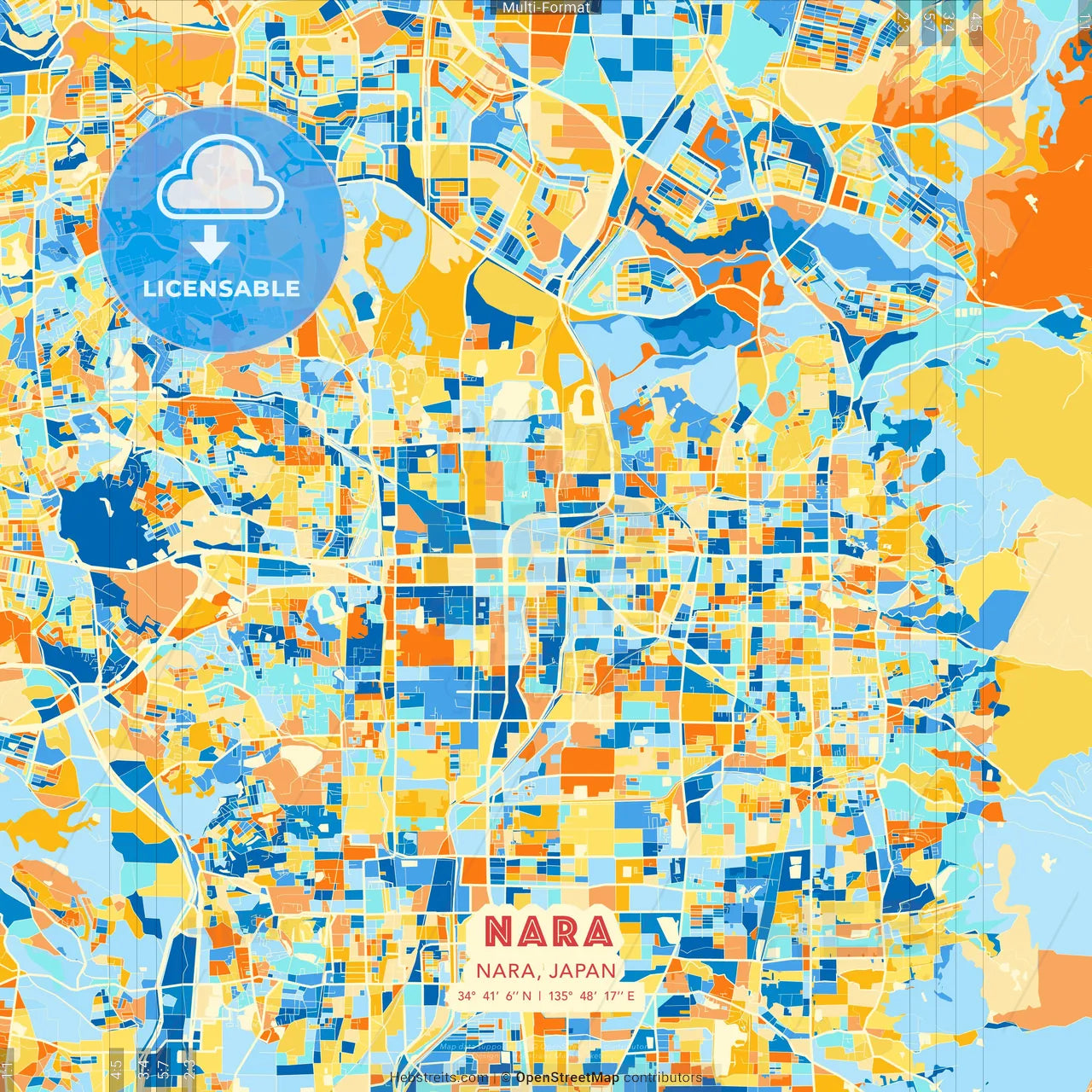 Nara, Nara, Japan blue and orange vector art map template