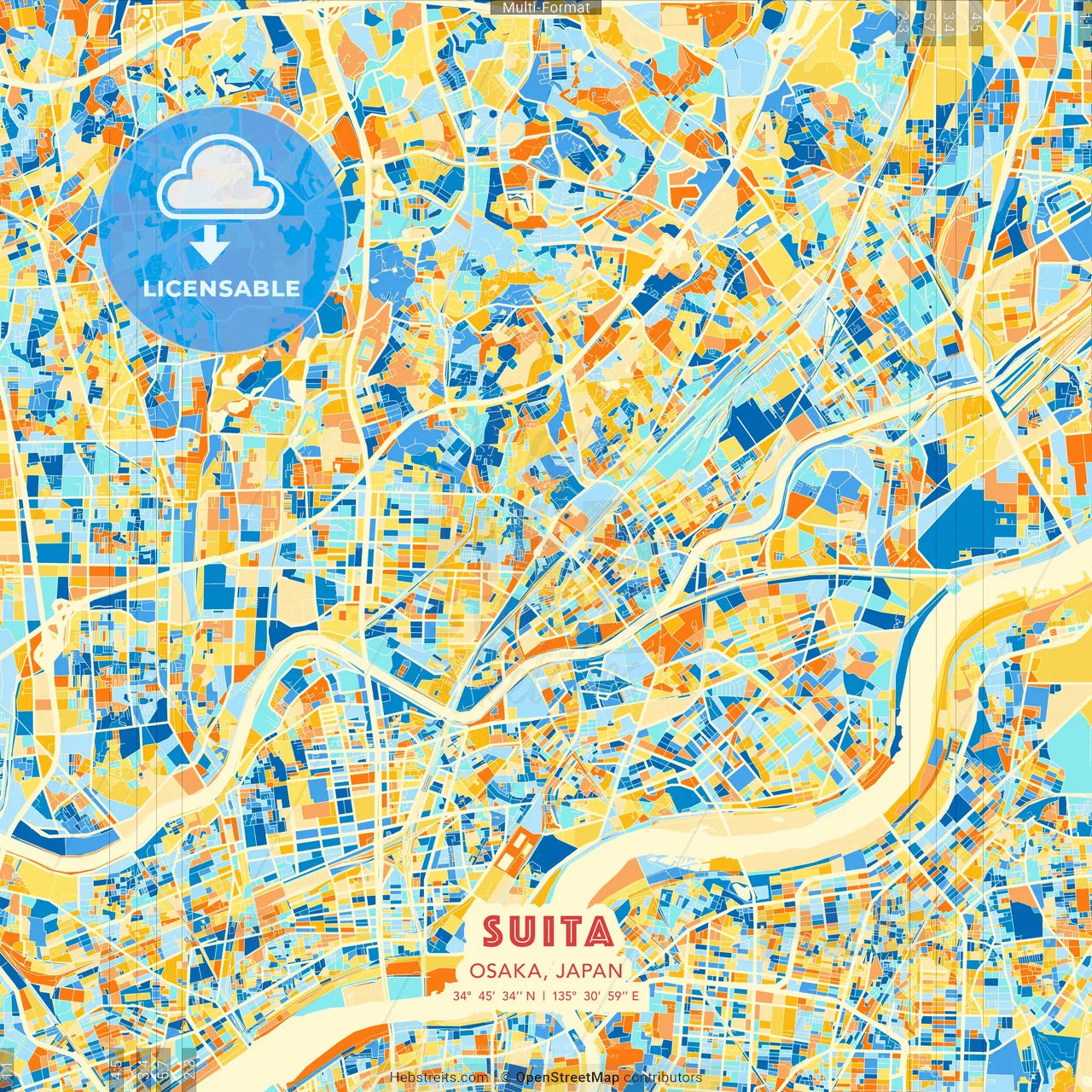 Suita, Osaka, Japan blue and orange vector art map template