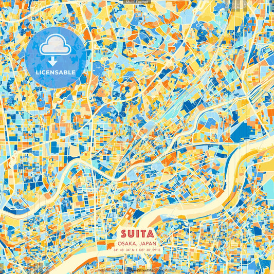Suita, Osaka, Japan blue and orange vector art map template