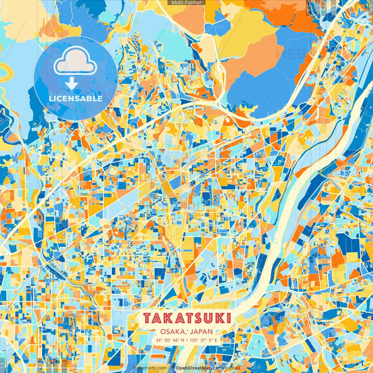 Takatsuki, Osaka, Japan blue and orange vector art map template