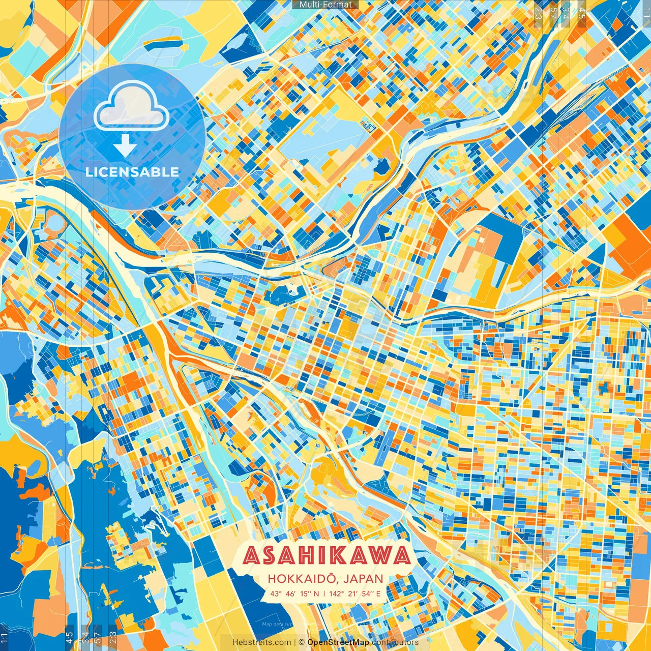 Asahikawa, Hokkaidō, Japan blue and orange vector art map template