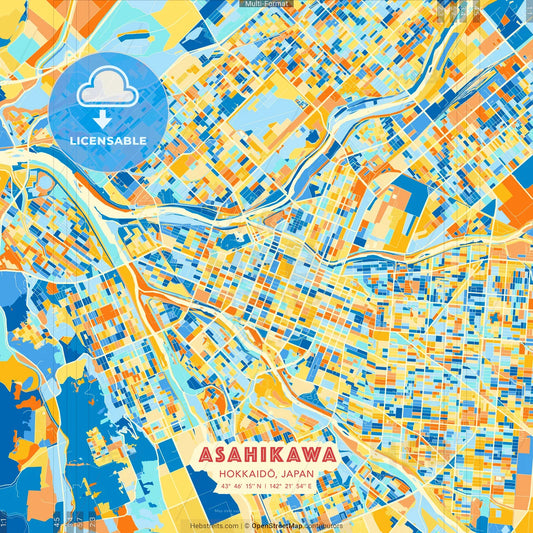 Asahikawa, Hokkaidō, Japan blue and orange vector art map template