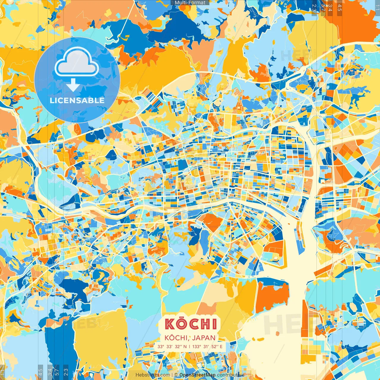 Kōchi, Kōchi, Japan blue and orange vector art map template