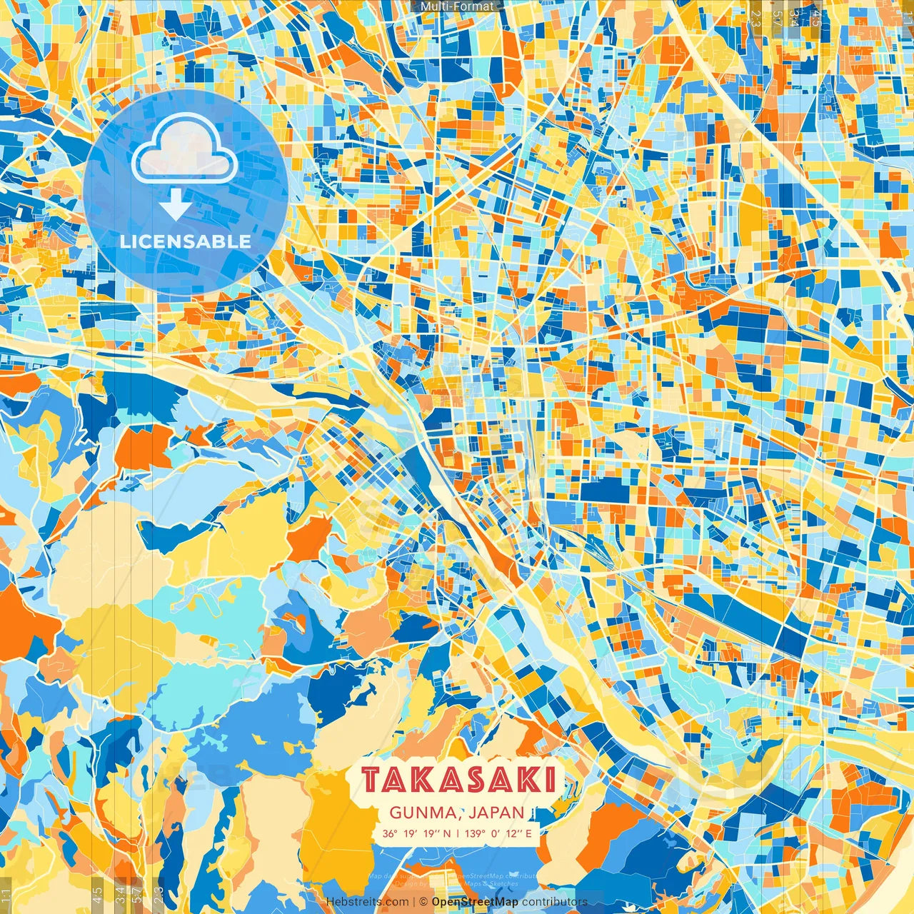 Takasaki, Gunma, Japan blue and orange vector art map template