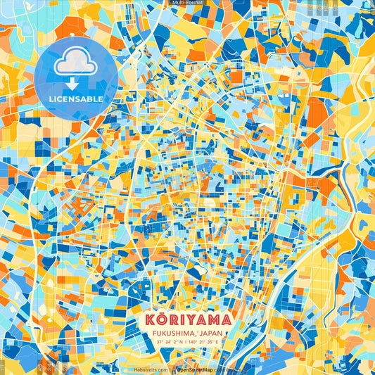 Kōriyama, Fukushima, Japan blue and orange vector art map template