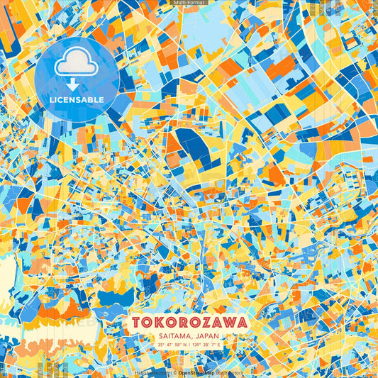 Tokorozawa, Saitama, Japan blue and orange vector art map template