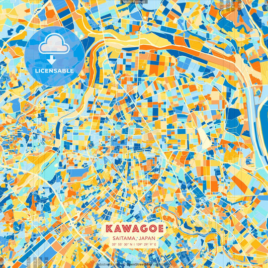 Kawagoe, Saitama, Japan blue and orange vector art map template