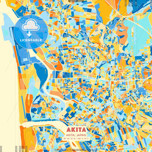 Akita, Akita, Japan blue and orange vector art map template