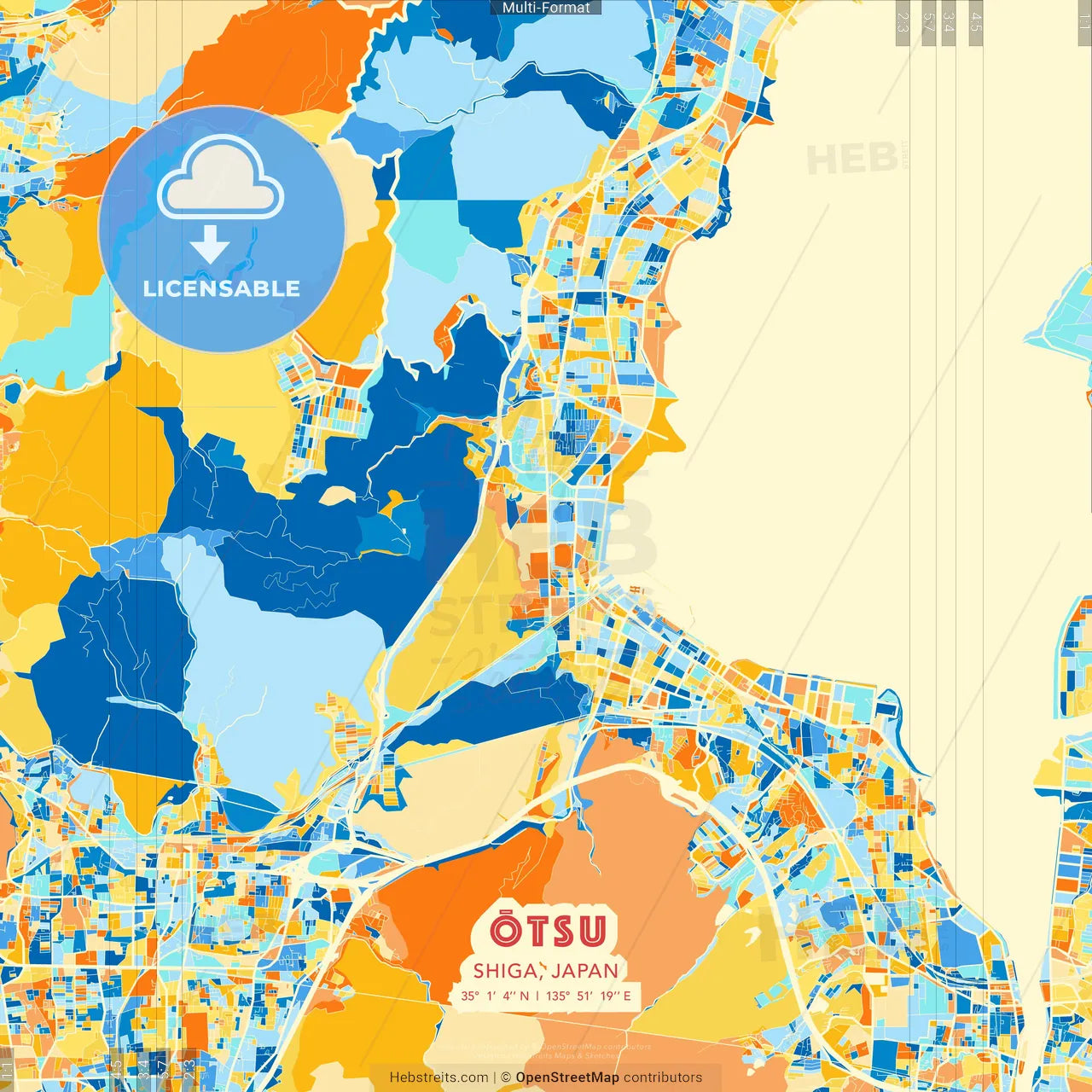 Ōtsu, Shiga, Japan blue and orange vector art map template