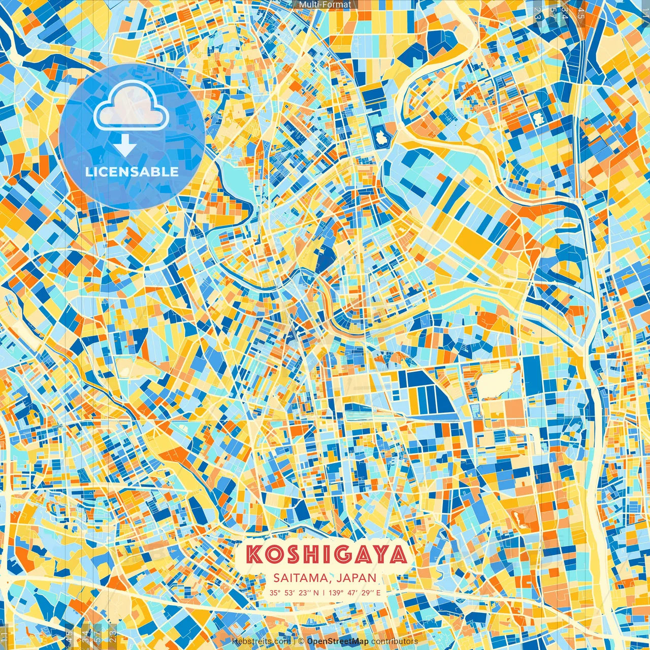 Koshigaya, Saitama, Japan blue and orange vector art map template