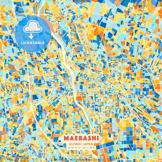Maebashi, Gunma, Japan blue and orange vector art map template