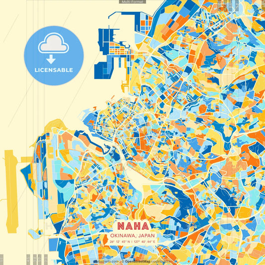 Naha, Okinawa, Japan blue and orange vector art map template