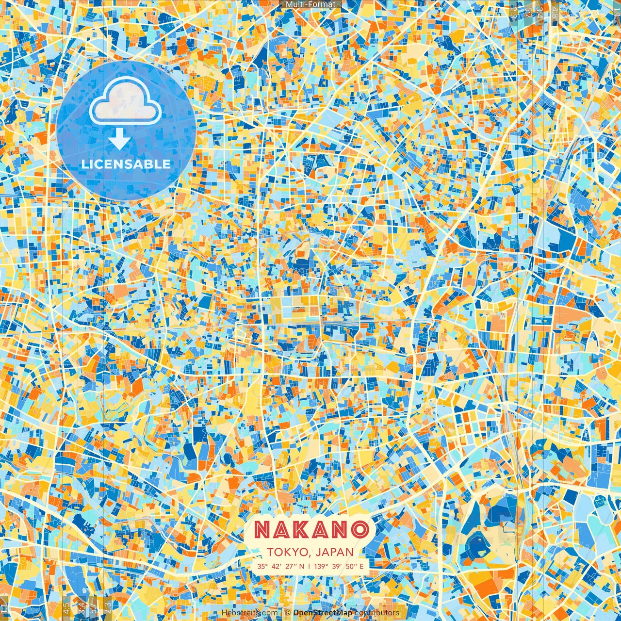 Nakano, Tokyo, Japan blue and orange vector art map template