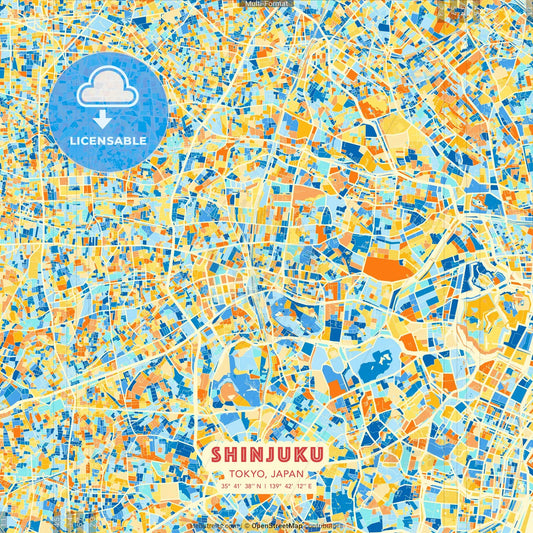 Shinjuku, Tokyo, Japan blue and orange vector art map template