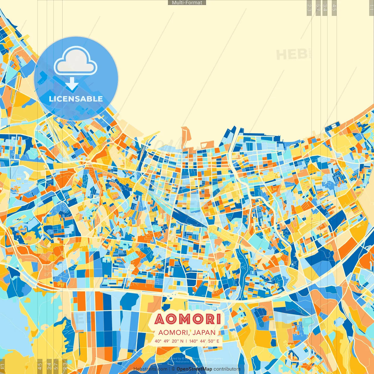 Aomori, Aomori, Japan blue and orange vector art map template