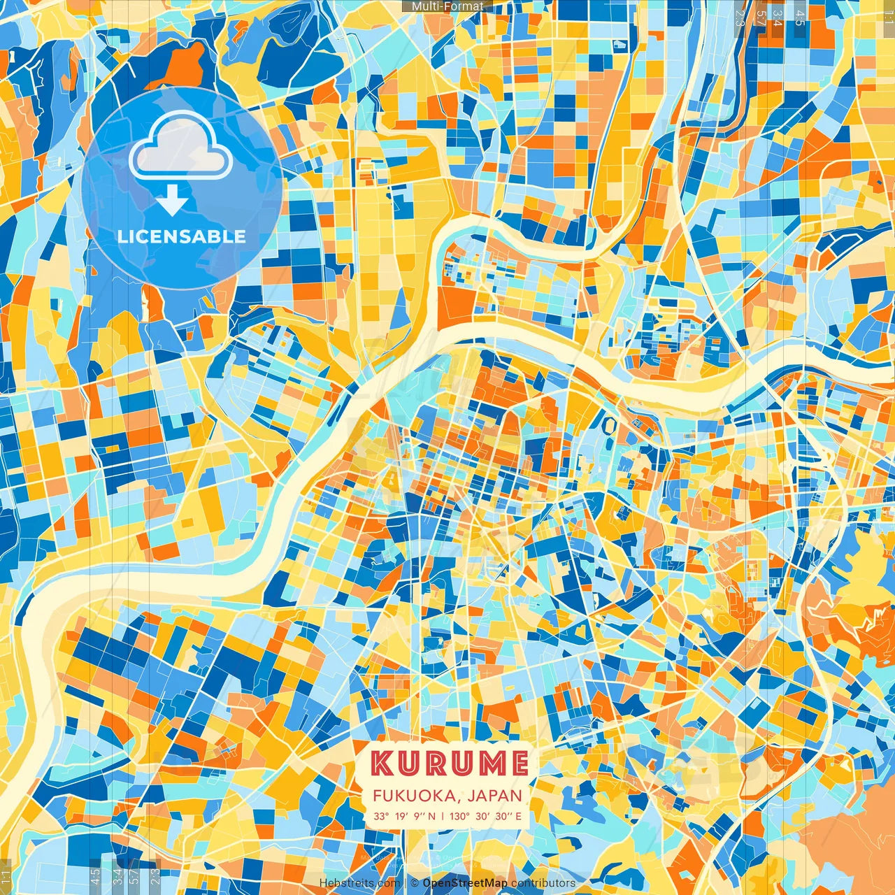 Kurume, Fukuoka, Japan blue and orange vector art map template
