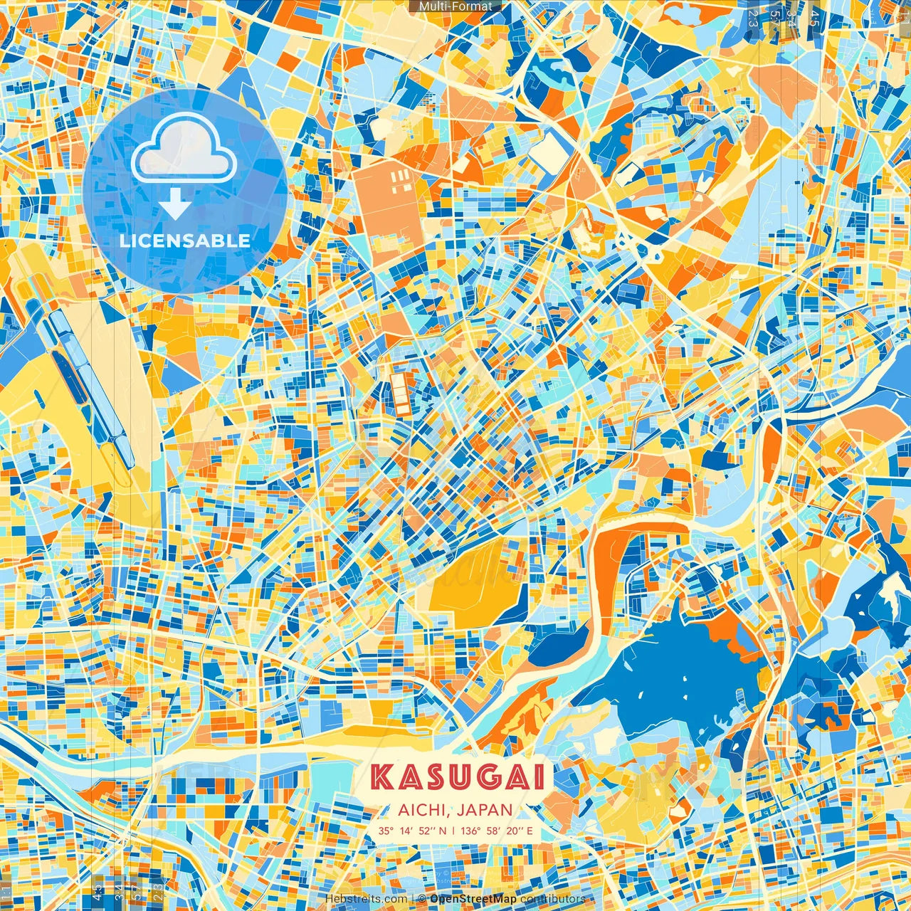 Kasugai, Aichi, Japan blue and orange vector art map template