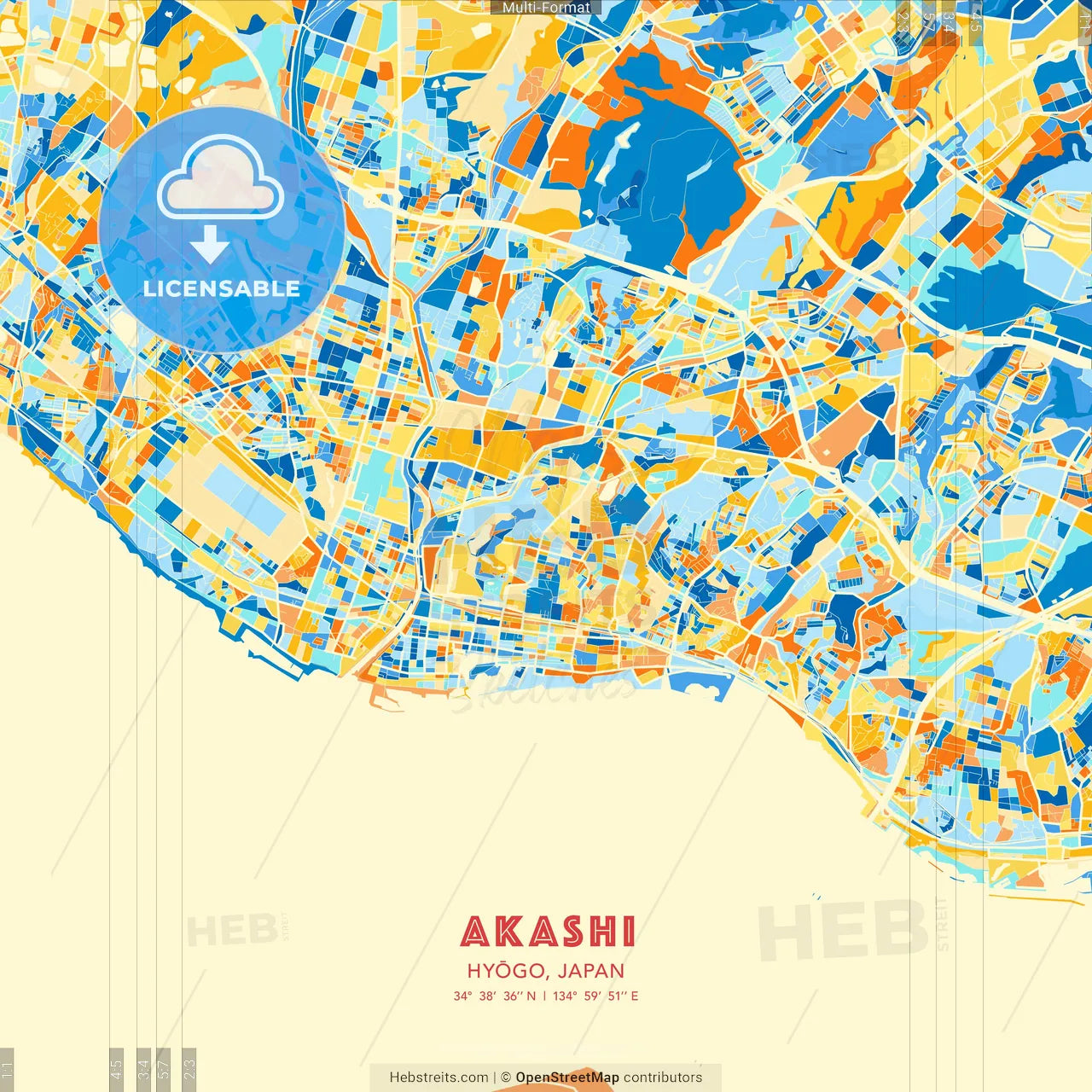 Akashi, Hyōgo, Japan blue and orange vector art map template