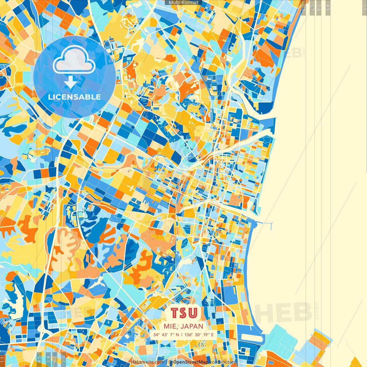 Tsu, Mie, Japan blue and orange vector art map template