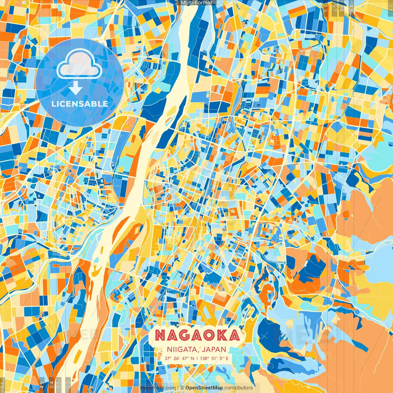 Nagaoka, Niigata, Japan blue and orange vector art map template